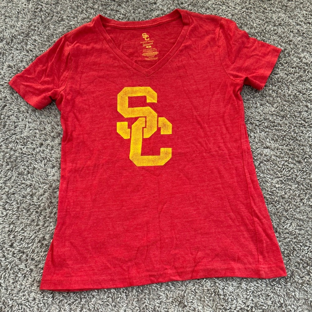 USC Trojans T Shirt Womens Medium Red Short Sleeve V Neck‎ Top